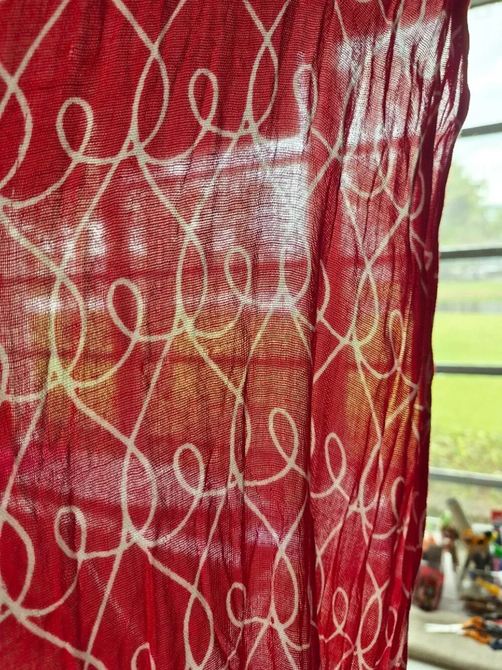 Hallmark Red with White scribbles Long Scarf Knotted Fringe 74
